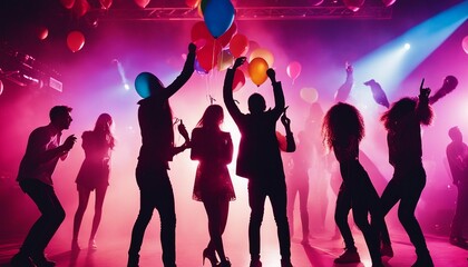silhouette of young people having fun in a night club, colored lights, colorful balloons flying, smoky palce
