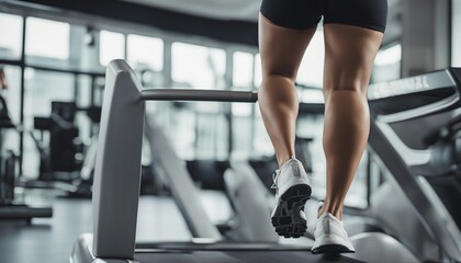 Fototapeta na wymiar sporty woman on treadmill, isolated white background, rear view