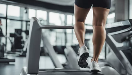 Foto op Plexiglas sporty woman on treadmill, isolated white background, rear view   © abu