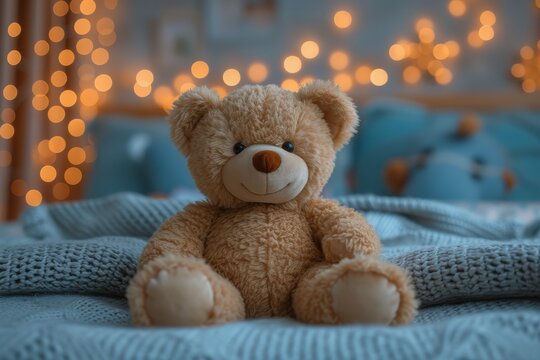 A beloved teddy bear rests on a soft blanket, surrounded by familiar indoor comforts and exuding warmth with its plush fabric and gentle light brown fur