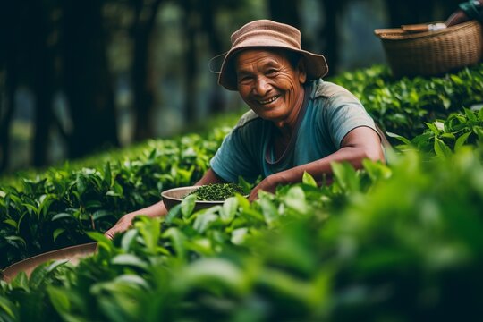 Happy chinese senior citizen enjoying the art of picking fresh tea leaves in a lush field