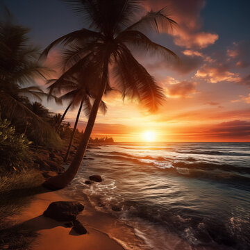 Palms on beach and sunset over sea