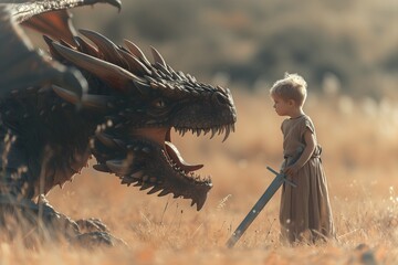 Dauntless Young Knight Faces Dragon
