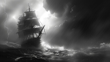 Ein klassisches Schiff trotz einem Sturm und fährt durch die See - obrazy, fototapety, plakaty