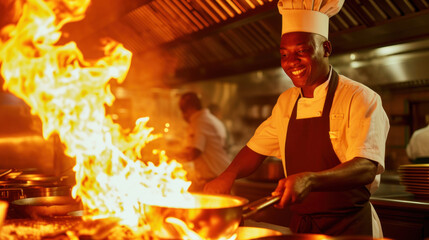 Cheerful African American chef frying food with fire and smile