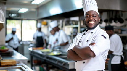 Smiling African American chef in restaurant kitchen - Powered by Adobe