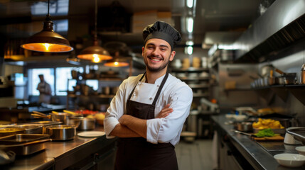 Cheerful Caucasian male chef in commercial restaurant kitchen, hands crossed