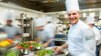 Fototapeta na wymiar Smiling Caucasian male chef busy cooking in commercial restaurant kitchen