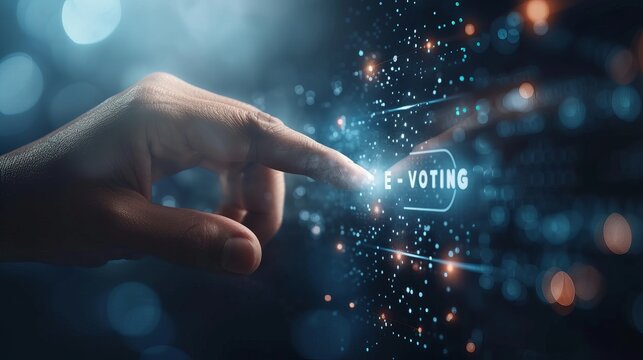 Secure e voting  concept  hand pressing glowing text on dark background with holograms and waves.