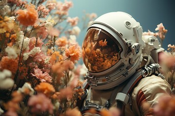 Surreal spaceman adorned with vibrant flowers - distinctive close-up illustration - obrazy, fototapety, plakaty