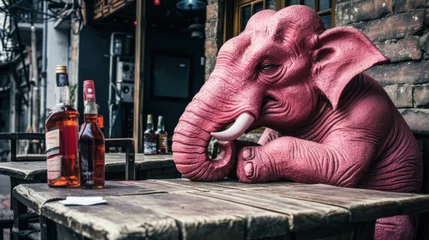 Fotobehang Pink elephant in restaurant - hopeless alcohol dependence and addiction concept © Kondor83