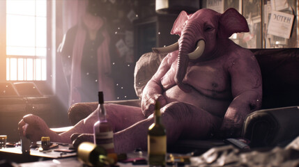Anthropomorphic pink elephant in dirty room - scary delusions, heavy binge drinking, alcoholism, psychosis concept - obrazy, fototapety, plakaty