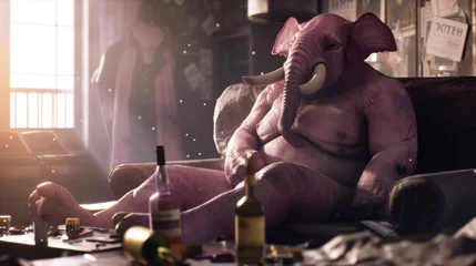 Fotobehang Anthropomorphic pink elephant in dirty room - scary delusions, heavy binge drinking, alcoholism, psychosis concept © Kondor83