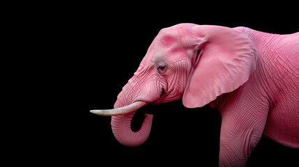 Pink elephant on black background, side view