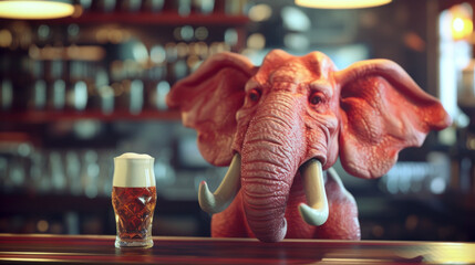 Pink elephant with beer in restaurant - alcoholism, alcohol psychosis concept - obrazy, fototapety, plakaty