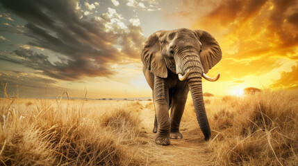 Big elephant in savannah, sunset light, dramatic sky