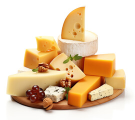 A variety of gourmet cheeses artistically arranged on a wooden platter, accompanied by nuts and grapes, isolated on a white background.