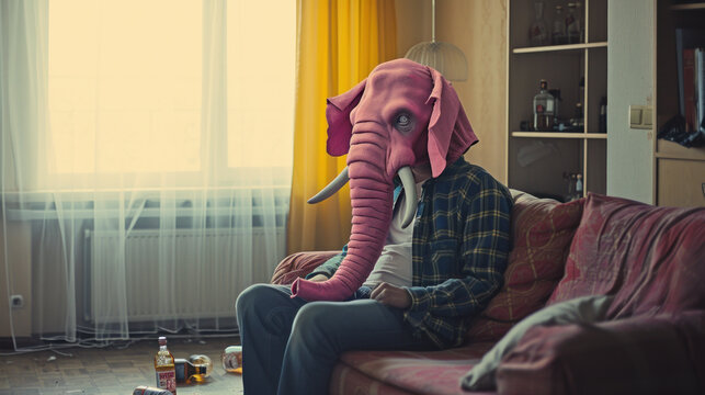 Alcoholic man turned in pink elephant - alcohol delusions, end stage alcoholism concept
