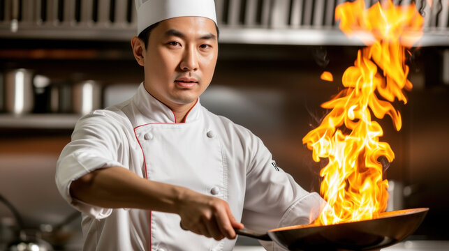 Asian chef is cooking with fire in commercial kitchen