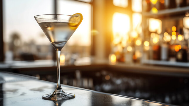 Martini cocktail on bar counter, sunset light