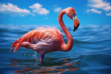 Pink flamingo bird in blue water