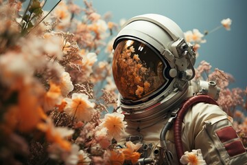 Surreal spaceman adorned with vibrant flowers - distinctive close-up illustration - obrazy, fototapety, plakaty