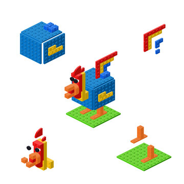 Concept with colored rooster made of plastic bricks. Vector