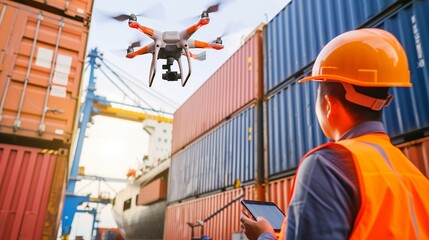 Foreman or worker use remote controller piloting drone at containers port for checking container. Foreman use remote control Drone with camera flying on container cargo ship at shipping port. - obrazy, fototapety, plakaty