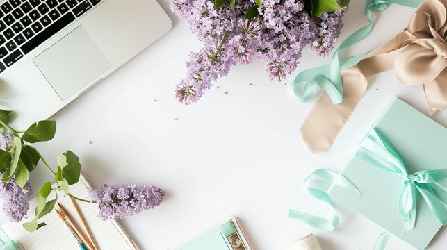 Flat lay, top view office table desk. Workspace with paintbrush, laptop, lilac flowers bouquet, spool with beige and blue ribbon, mint diary on white background.