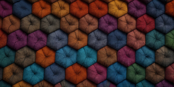 Farbige Polsterillusion: Geometrisches Muster aus bunten, gepolsterten Sechsecken