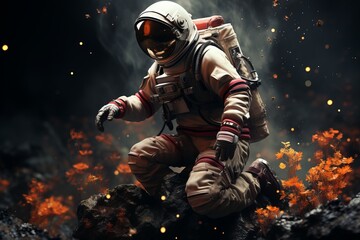 Fototapeta premium Surreal illustration of spaceman surrounded by colorful dreamlike flowers in outer space