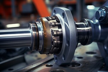 Naklejka premium A Close-Up View of a CV Joint, Highlighting its Intricate Design and Detail, Set Against the Backdrop of an Industrial Workshop