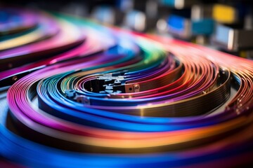 Close-up shot of a multi-colored ribbon cable, neatly coiled and ready for use in an industrial setting with various electronic components in the background
