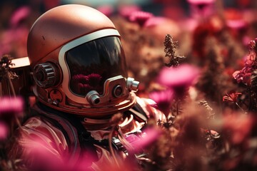 Surreal spaceman adorned with vibrant flowers - distinctive close-up illustration