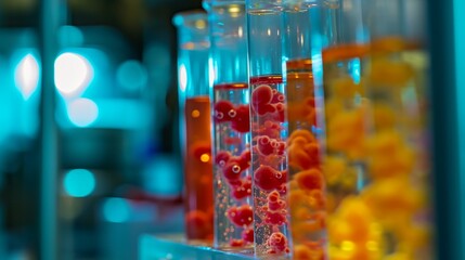 Colored liquids and moleculas inside a test tubes in laboratory