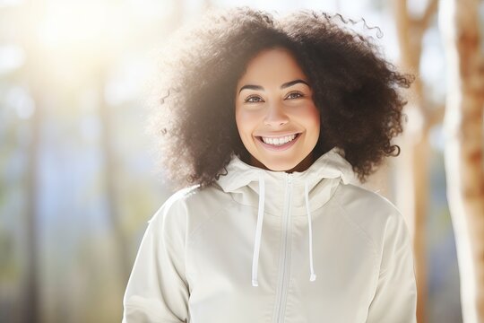 Close-up portrait of joyful young woman with a radiant smile, expressing happiness and positivity