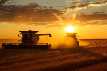 Fototapeta premium harvesters working through a wheat field during a vibrant sunset, casting long shadows and kicking up dust in the warm, golden light.