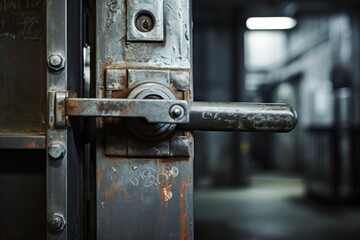 A close-up view of a panic bar installed on a steel door in an industrial setting, surrounded by concrete walls and metal pipes