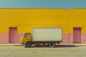 A vibrant yellow truck stands parked in front of a colorful building, its wheels firmly planted on the ground as it waits to transport its cargo across the vast open road under the endless blue sky