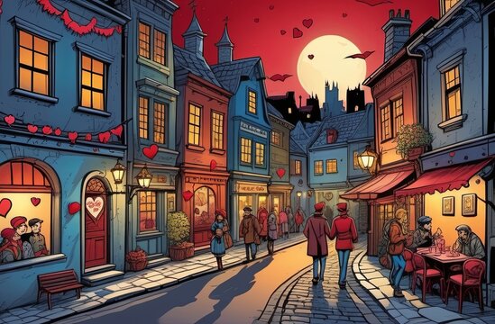 A romantic evening on the streets of the old town. Illustration by Generative AI.