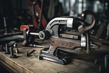 Fototapeta premium A Close-Up Image of a Rustic Metal Clamp, Displayed Against the Backdrop of an Industrial Workshop with Tools and Machinery