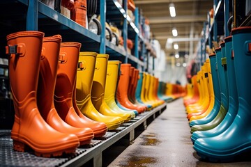 A Vibrant Display of Colorful Rubber Boots Lined Up in an Industrial Setting, with Machinery and Raw Materials in the Background - obrazy, fototapety, plakaty