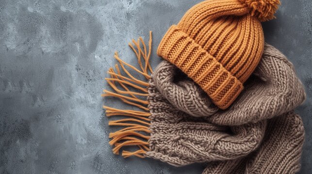 Knitted hat and scarf on grey background 