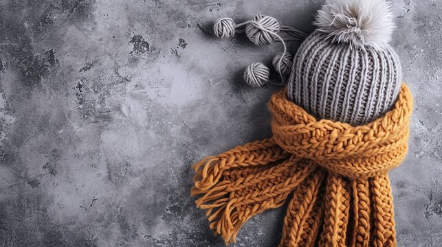 Knitted hat and scarf on grey background 