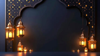 Ilustration of Ramadan Kareem celebration dark background design, Quran and islamic pattern lanterns decoration, - obrazy, fototapety, plakaty