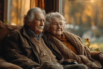An elderly couple sits on a worn couch, their wrinkled faces telling a story of a life well-lived as they gaze out the window, reminiscing on their youthful days together