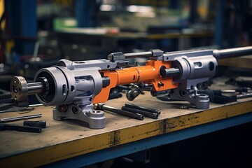 A close-up view of a heavy-duty pipe cutter, set against the backdrop of an industrial workshop filled with various tools and machinery