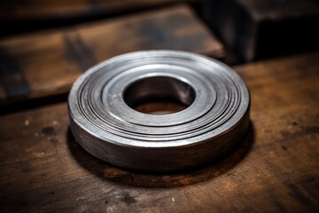 A close-up shot of a shiny steel washer, perfectly round and smooth, resting on a rustic wooden table in an old industrial workshop - obrazy, fototapety, plakaty
