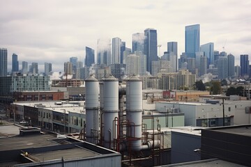 A large industrial vent system against a backdrop of a bustling cityscape, with skyscrapers piercing the cloudy sky and traffic flowing on the streets below