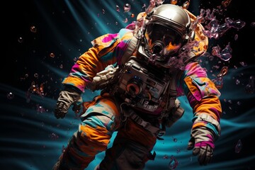 Fototapeta premium Vibrant astronaut in cosmosuit on colorful surface with space background, future concept